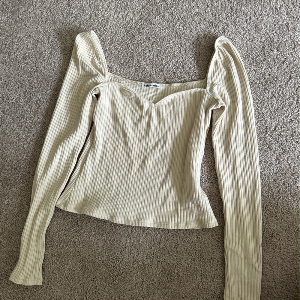 Elegant Reformation Cream Ribbed Long Sleeve Top